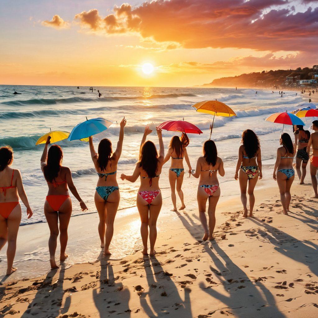 A vibrant scene of a beach with people joyfully wearing bold and colorful swimwear, showcasing various styles and patterns. The sun is setting, casting a warm glow over the beach, while individuals are smiling, dancing, and playing in the sand. Splashing water and playful beach accessories like umbrellas and beach balls add to the lively atmosphere. Laughter and positivity are evident in their expressions, symbolizing a transformation from sadness to joy. super-realistic. vibrant colors. warm tones.